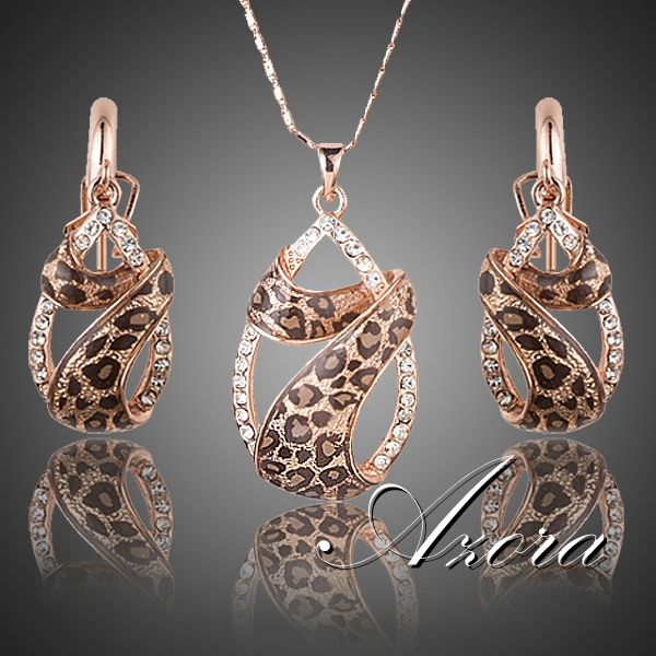 AZORA Rose Gold Plated Austrian Crystals Water Drop Twining With Leopard Riband Earrings and Necklace Jewelry Sets TG0194