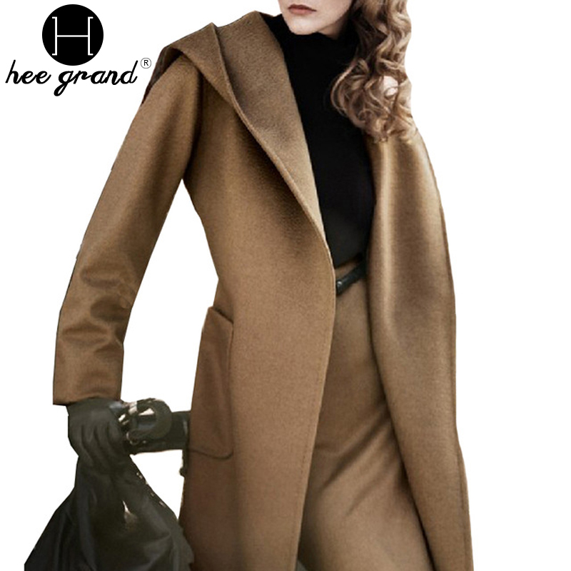 2014 Winter New Fashion Women Coats European And American Style Solid Hooded Long Woll Coat With Belt Casacos Femininos WWN498