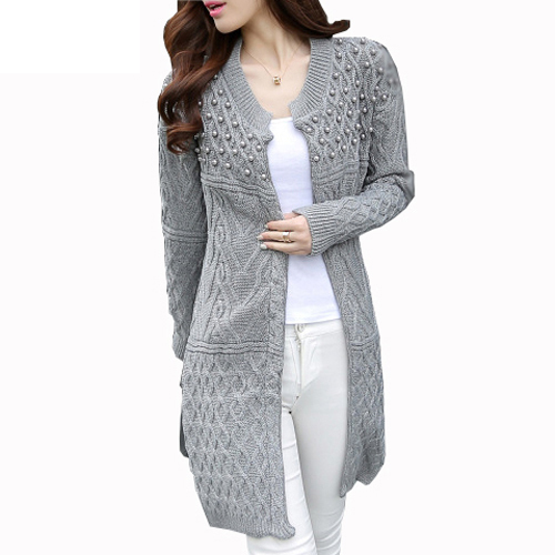 2016 Autumn Winter Women Long Cardigan Bead Pearl Long Knitted font b Sweaters b font font