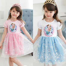 New summer anna girl kids clothing dress cartoon elsa & anna pattern princess dress brands Cosplay Snow Queen Girls lace dresses