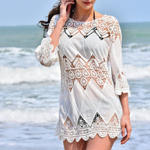 New 2016 Summer Sexy O-Neck Cover Up Women Beach Dress Tunic Openwork Crochet Blouse Fashion Quarter Sleeve Bikini Beachwear