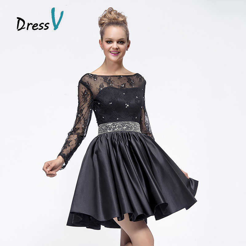 Vestidos Negros Cortos Vestidos de Fiesta 2016 Scoop Sheer Manga Larga de Encaje con Cuentas Vestidos