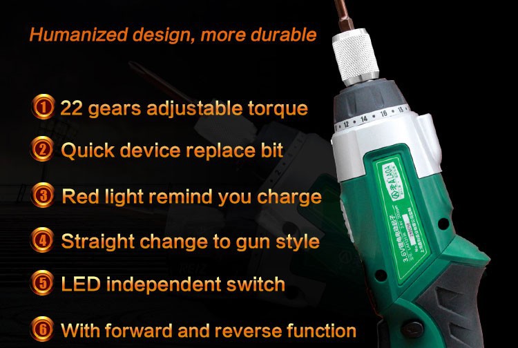 3.6V  Li-ion Battery Industrail Grade Waterproof  22 Gears  Electric Screwdriver set.+ 13pcs screwdriver bits set