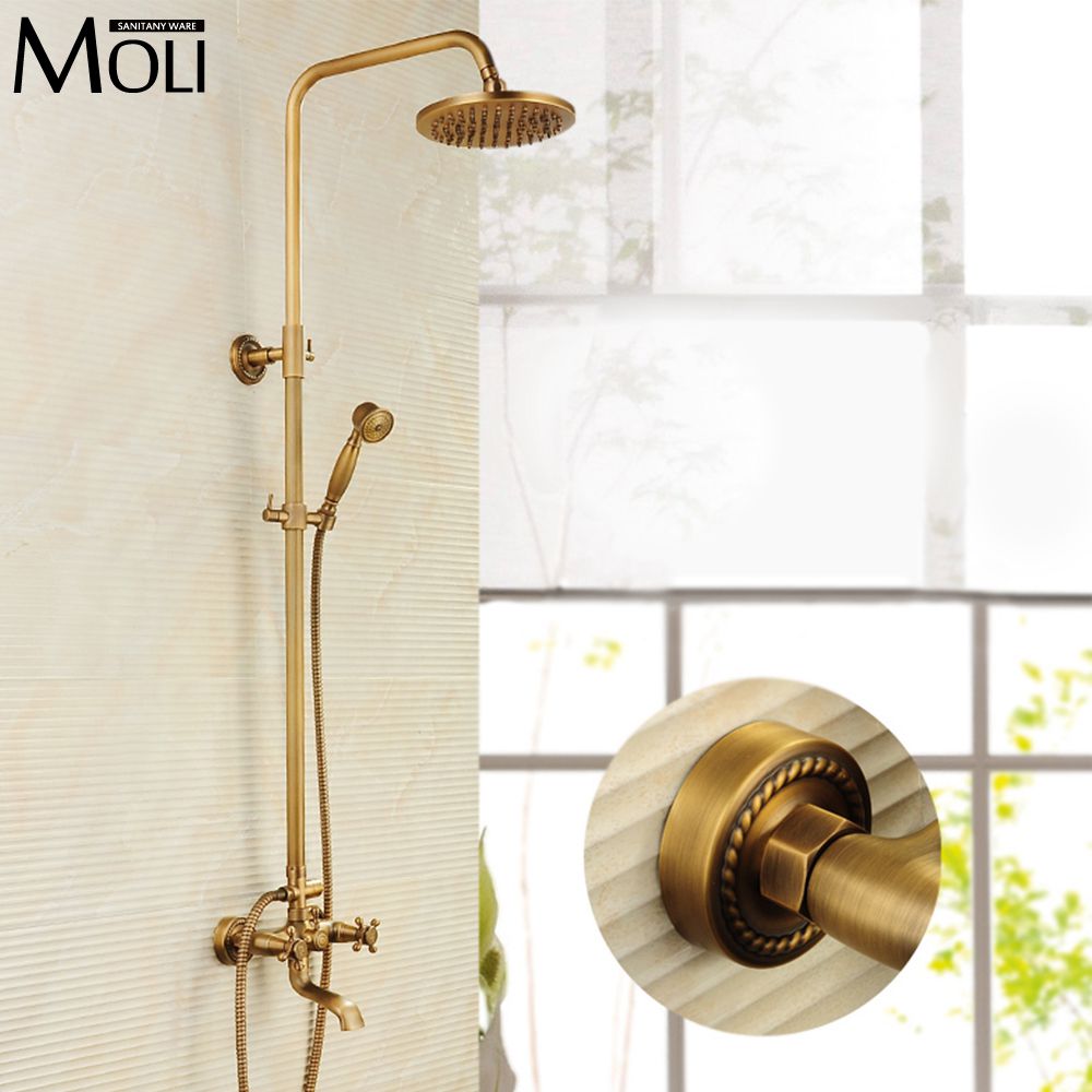 Rain Shower Faucets Antique Brass Tub Shower Faucet with 8 inch Shower Head + Hand Shower