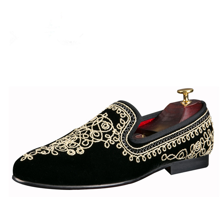 men party shoes luxury black golden thread velvet loafers slippers US size 6-13 free shipping