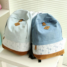 2015 Fashion Fresh Lace Denim Women s Canvas Backpack School bag For Girl Teenagers Casual Travel