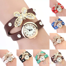 Retro Vintage Type Women’s Butterfly Pendant Rhinestone Leather Bracelet Quartz Wrist Watch Clock 1N3H
