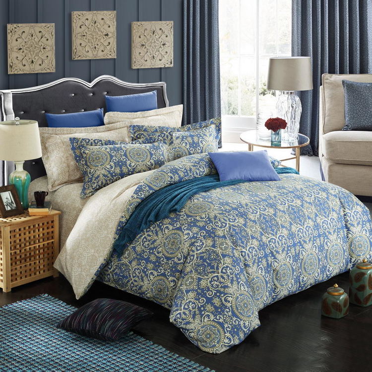 blue luxury bedding set queen king size (comforter case+flat bedsheet+pillow sham) 4pcs duvet cover sets winter sanded cotton