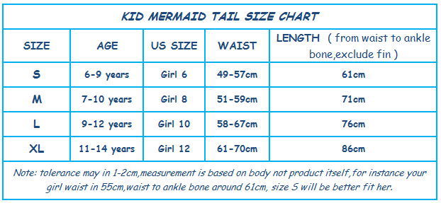 kid mermaid tai size chart