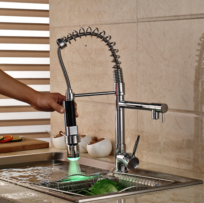 Single Lever Chrome Polished Kitchen Sink Faucet One Hole Mixer Tap LED Colors Pull Down Spray Single Lever Chrome Polished Kitchen Sink Faucet One Hole Mixer Tap LED Colors Pull Down Spray