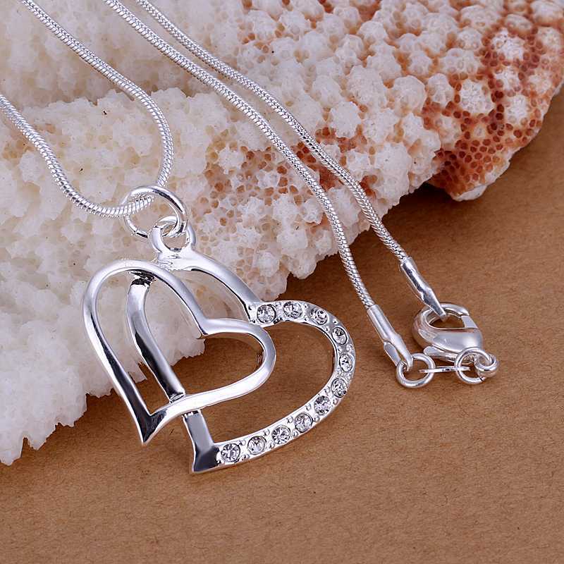 Hot Sale Free Shipping 925 Silver Necklaces Pendants Fashion Sterling Silver Jewelry Insets Double Heart Pendant