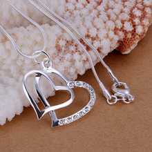 Hot Sale!!Free Shipping 925 Silver Necklaces & Pendants Fashion Sterling Silver Jewelry,Insets Double Heart Pendant