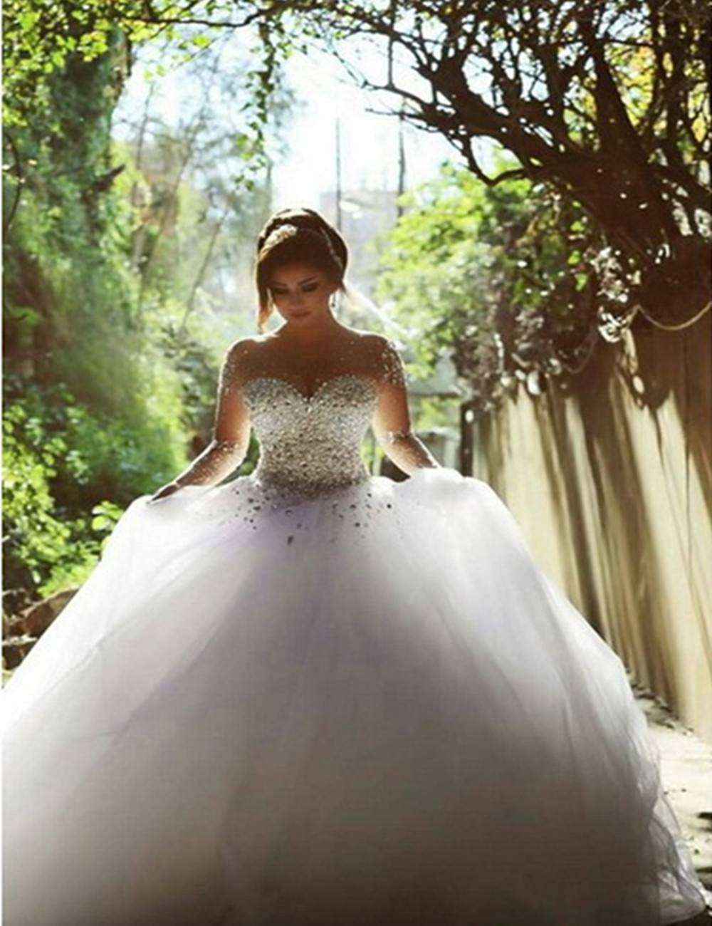 Wedding Dress 2016 Vestido De Noiva Long Sleeve Bridal Gown Rhinestones Pearls Crystals Ball Gown Robe