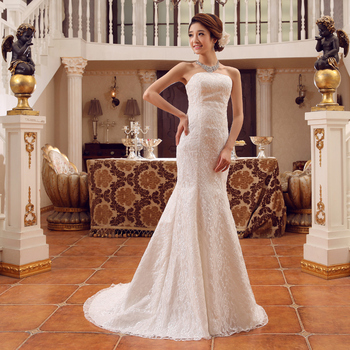 2015 новые невесты русалка свадебные платья уменьшают подходящие без бретелек развертки поезд бинты свадебное платье A103