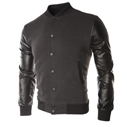 New Men 2015 Sweater PU Leather Collar Sweater Personalized Baseball Stitching Clothes Man Jacket Plus Size