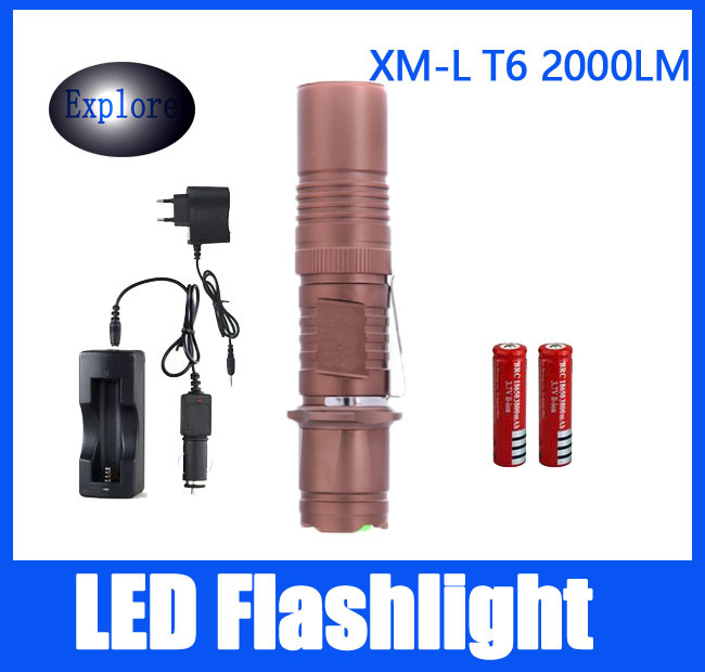 2000LM Super Bright Flashlight CREE Mini Torch XM-L T6 5 Mode Aluminum Alloy Hunting Lamp + DC/Car Charger + 2*18650 battery
