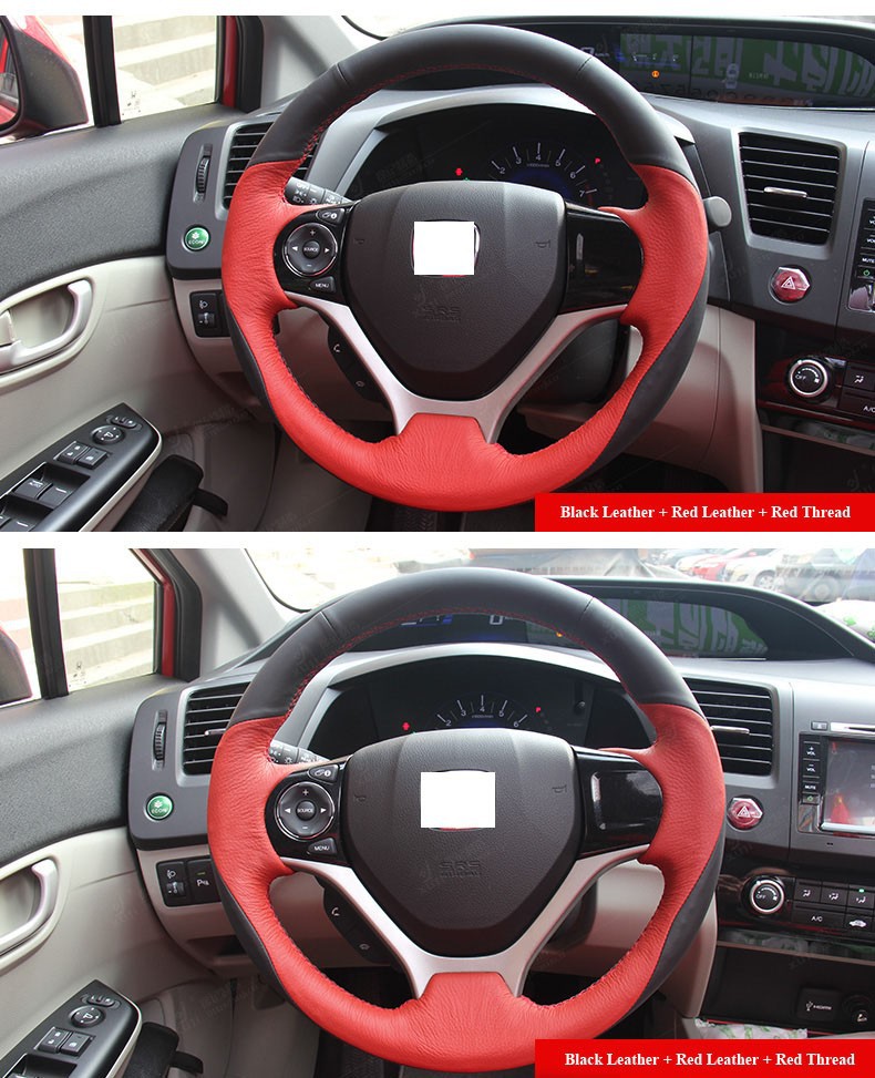 for Honda Civic Civic 9 2012 2013 2014 Red Black Leather Steering Wheel Cover Red Thread 1