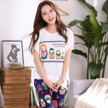 Lycra cotton round neck short sleeve cotton pajamas female summer loose tracksuit Set Free Shipping