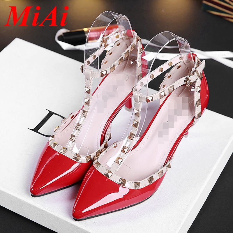 fashion women pumps 2016 new pu leather pointed toe rivets party shoes women thin heels pumps red wedding party pumps for women