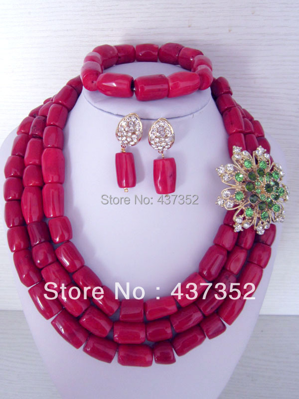 New Design Fashion Nigerian Wedding African Red Coral Beads Jewelry Set Necklace Bracelet Clip Earrings CWS-152