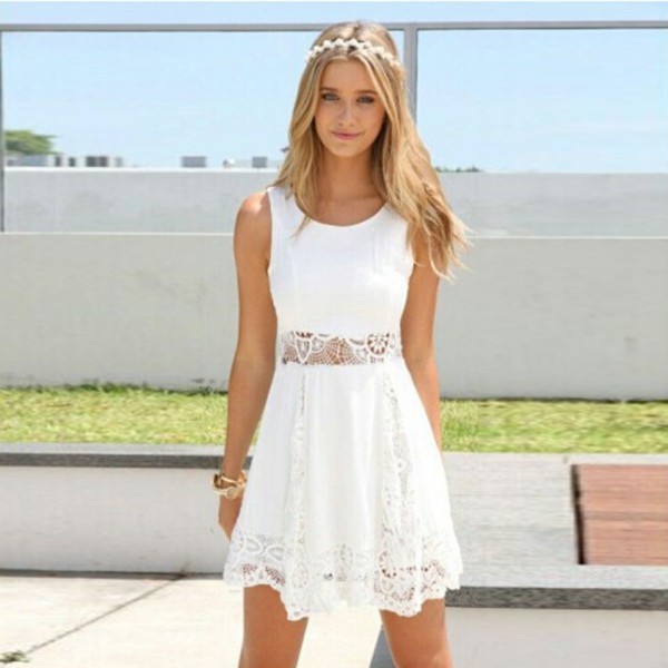 Women Dress 2015 Summer Style Sleeveless O-neck Casual White Dresses Laced Inserted Mini Dress Vestidos (2)
