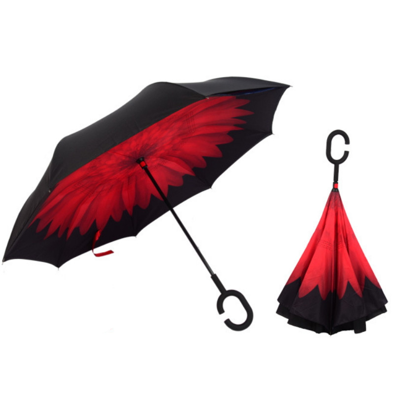Cozzy Special Design Double Layer Inverted Umbrella Reverse Rainy Sunny with C-shaped Hands Long Handle Self Standing Inside Out