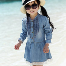 2016 Retro Kids Baby Girls Lace Jeans Long Sleeve Princess Denim Dress