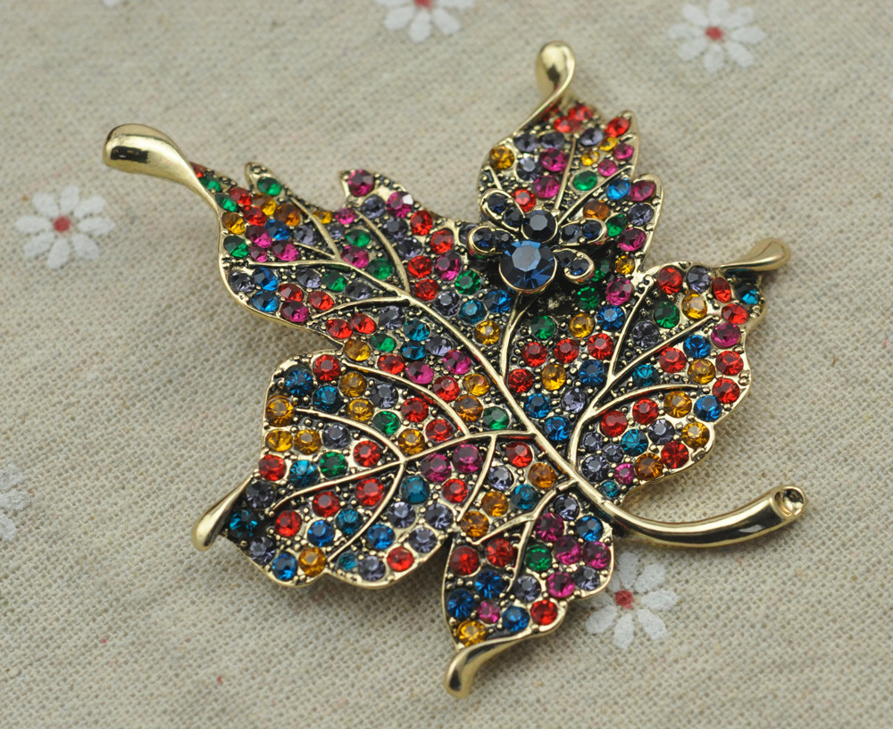 Multi Color Crystal Rhinestone Maple Leaf Brooch Pin Plant Costume Jewelry For Women