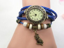 Free shipping 2015 New Vintage Quartz Women Watchs Wrap new owl Pendant Synthetic Leather Bracelet Wrist