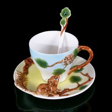 Three piece Set Bone China 3D Color Emamel Porcelain animal Squirrel Pinecone ceramic mug saucer spoon