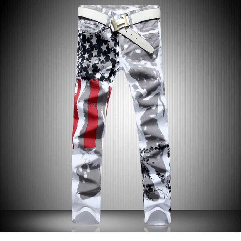 2016 New Men's Denim Jeans Pants USA Flag Printed Washed Jeans Pants Men Jeans Painted Trousers & Sweatpants for Male 42, PA102