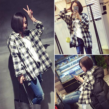 2016 new spring Korean chequered all-match female students loose thin long sleeved shirt in the long coat