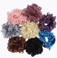 6PCS Lace Flower Hair Scrunchies with Crystal Beads Elastic Hair Bands Ropes Purple Beige Pink Grey Colors