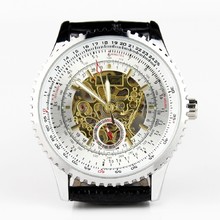 hot AUTO MECHANICAL SELF-WINDING LEATHER STRAP AUTOMATIC SILVER MENS WATCH BLACK