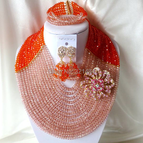 Fashion luxury Nigerian African Wedding Beads Jewelry Set 15 layers Orange Peach Crystal Necklaces Bracelet Earrings CRB-1077