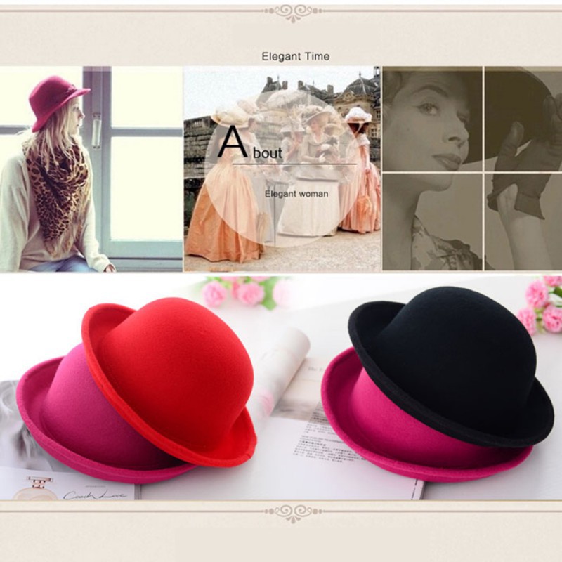 Women s Roll Brim Derby Fedora Dome Cap Girls Fashion Vintage Bowler Top Hat