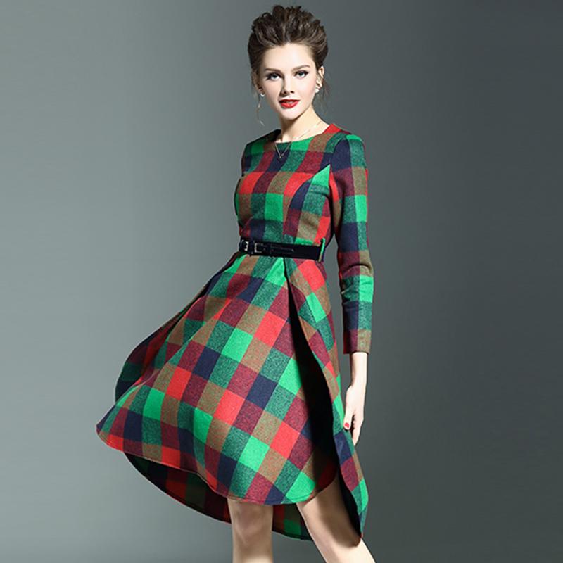 Novelty Dress 2016 Spring Autumn Fashion Runway Brand Three Quarter Sleeve Classic Grid Print Slim Belt Colorful Luxury Dress