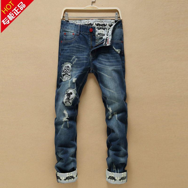2016 New men jeans ripped embroidery Stylish hole straight jeans Cotton true religious jeans men clothing