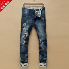 2016 New men jeans ripped embroidery Stylish hole straight jeans Cotton true religious jeans men clothing
