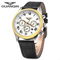 GUANQIN Men Leather Band Calendar Quartz Watch 10ATM Water Resistant with Three Moving Sub dials