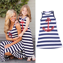 Family Matching Mother Daughter Dresses 2016 Summer Beach Anchor Striped Mother Daughter Clothes Women Kids Girl Long Maxi Dress