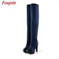 Spike Heels Long Boots 2015 Winter Short Plush Knee Boots Black Blue Womens Shoe Fashion Nubuck