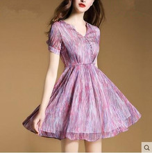 2016 Commuter Temperament Short Sleeved Bright Silk line Summer colorful mixed artical strip women elegant female Dress