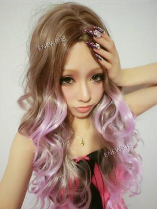 ENEW Iraqi girl long curly hair wig oblique bangs Japanese cherry pink color ...