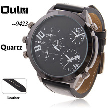 2014 Top moda corrió reloj Oulm 9423 Adventure time multifunción tres movt reloj de cuero para hombre con forma redonda