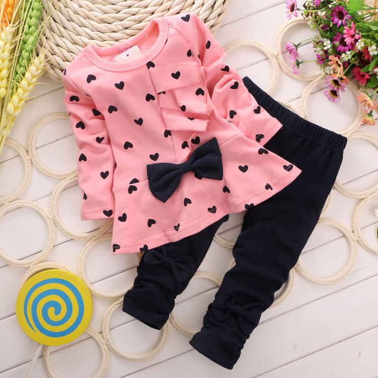 2014 New girls spring autumn clothes sets bowtie T sirt Pants long sleeve children active suits