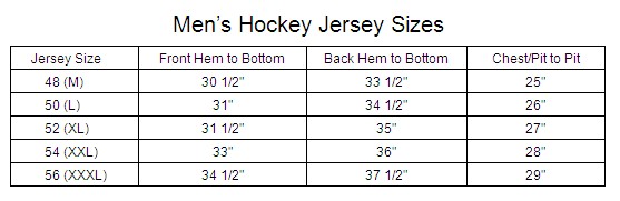 reebok edge hockey jersey size chart