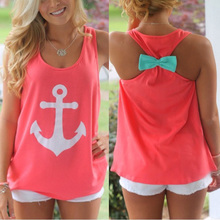 2015 new Fashion Women Summer Anchor print Vest shirts sexy backless Bow Casual Tank Tops Summer