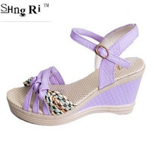2016 women’s wedges high-heeled sandals platform platform straw braid color block sandals female