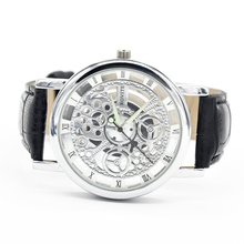 Fashion PU leather band watches Men s double sided hollow steel quartz watch casual quartz watch